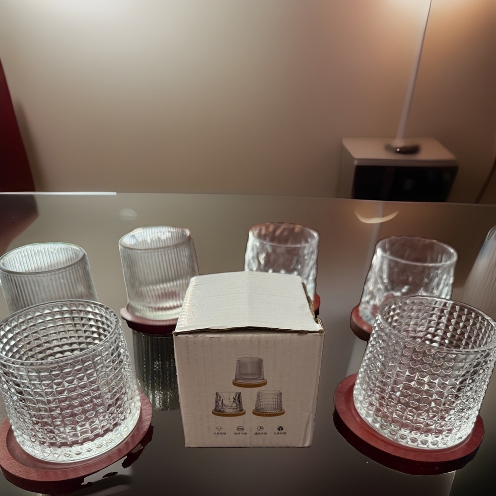 Rotating Whiskey Glass Set of 6 with Wood Coasters Ribbed Hammered Hobnail Clear